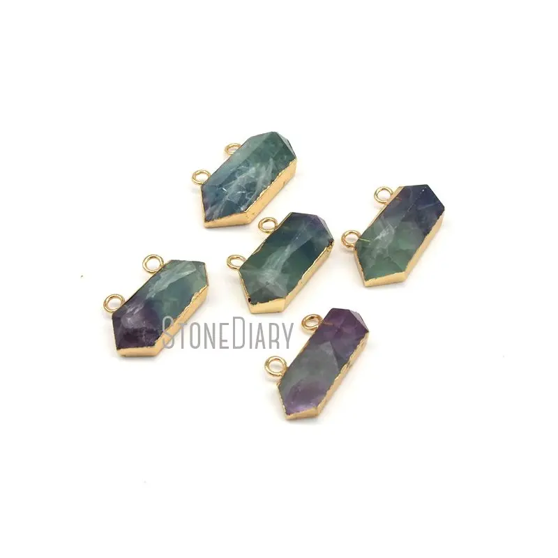 PM13828 Faceted Fluorite Copper Pendant Hexagonal Prism Geometric Shape Double Hole Charms Pendant Gold Plated Jewelry