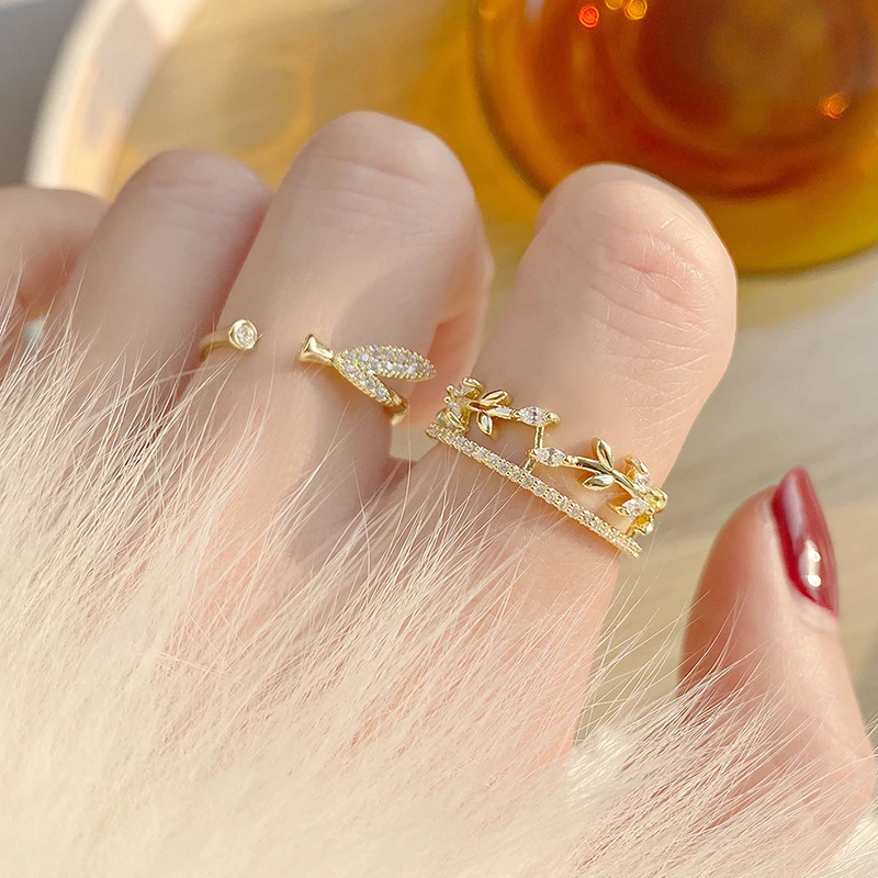 

Hot Sale Open Design Cute Women Ring Elegant Cubic Zirconia Leaves Adjustable Female Rings Delicate Sparking Bijoux Bague Gift