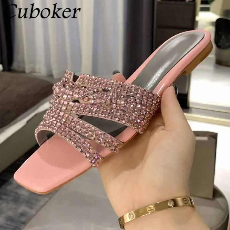 Brand Runway Square Toe Women Crystal Slippers Rhinestone Female Slides Flat With Bling Slippers Summer Party Dress Shoes Women