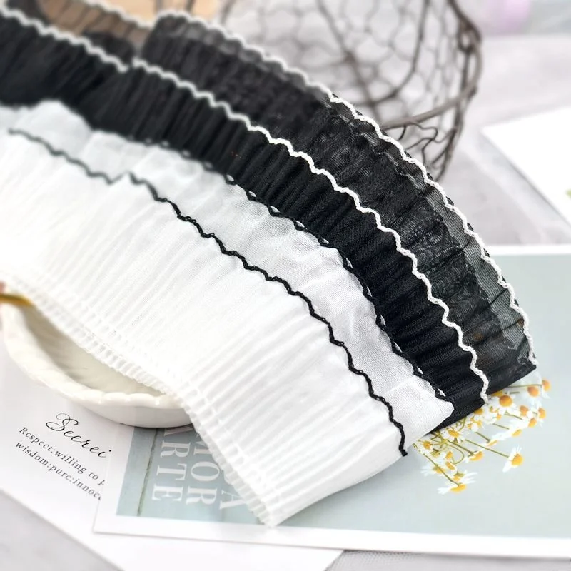 7CM Wide White Black Double Layers Pleated Chiffon Fabric Lace Collar Cuffs Edge Elastic Ruffle Trim Dress Apparel Sewing Decor