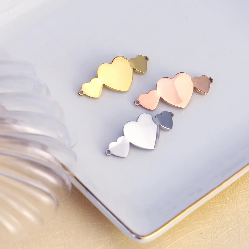 

50pcs13*33 New mirror stainless steel DIY jewelry size peach heart connected accessories double hole center Pendant Heart Wings