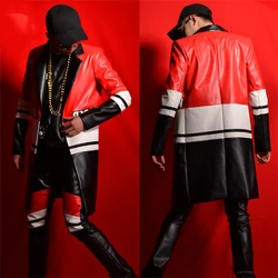 Fashion Men Casual Leather Coat Pants Suit Splice Male Jazz Costume Blazers Jacket Stage Hiphop Singer Dj Ds Dancer Wear DT1125