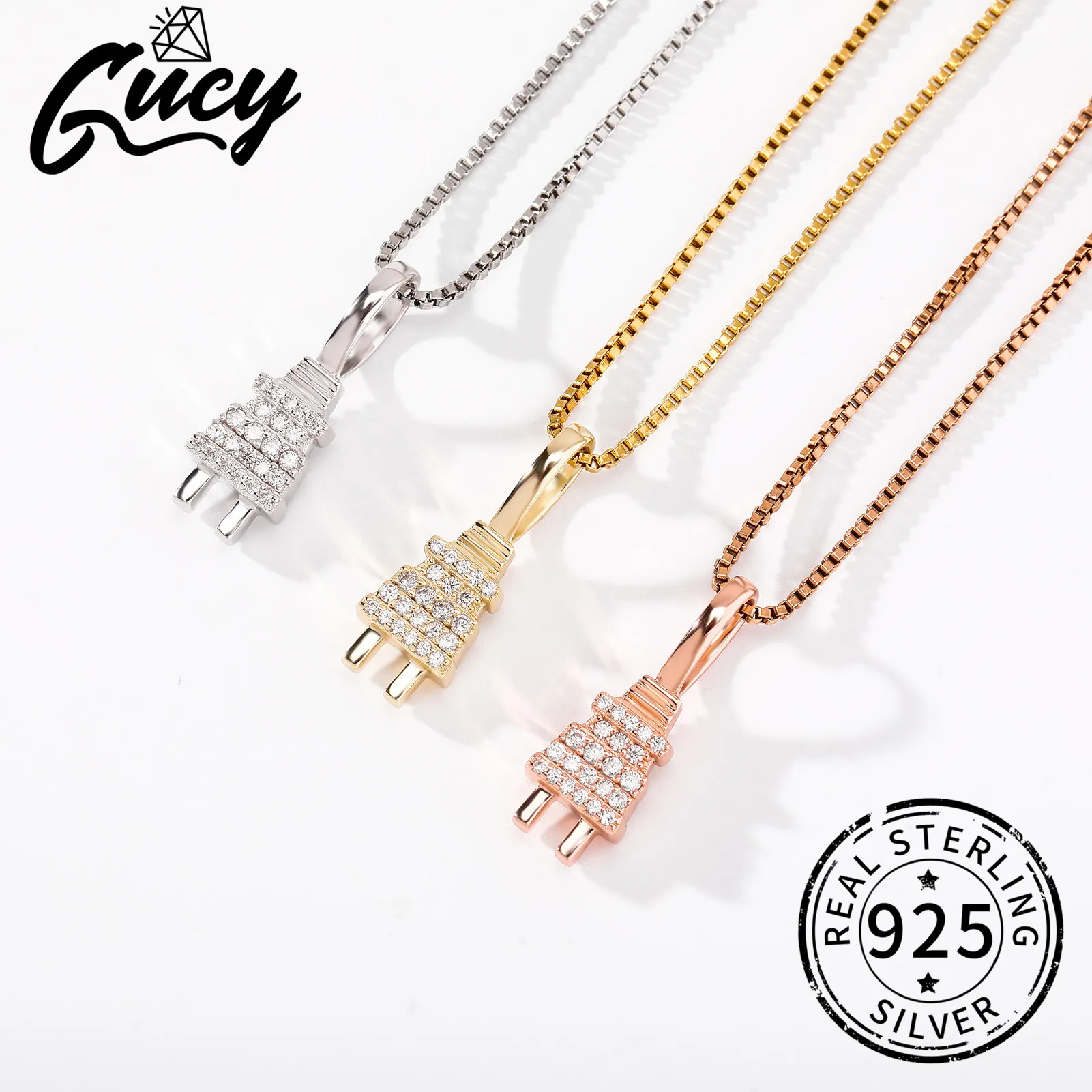 GUCY 925 Sterling silver Women Iced Out Bling Plug Pendant Necklace Gold Silver Color Charm Micro Pave Full  CZ Hip Hop Jewelry