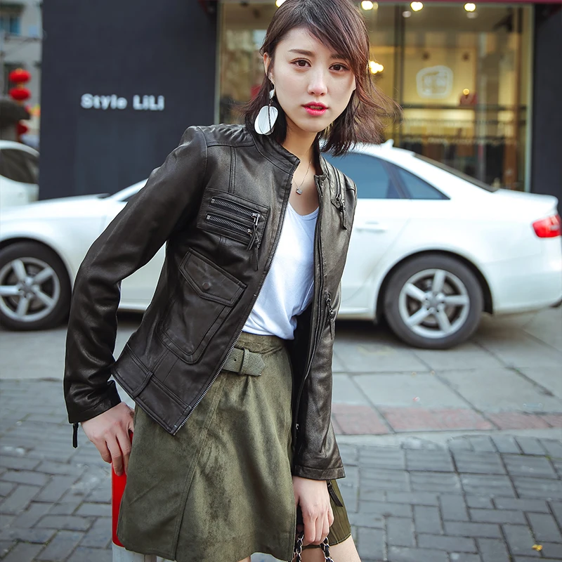 

Women's Real Leather Short 100% Sheepskin Coat Women 2020 Spring Motorcycle Biker Jacket Korean Slim Fit QBL-03 KJ4151