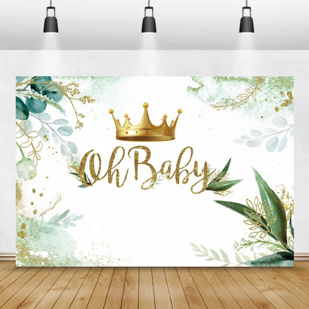 Baby Shower Photo Backdrop Golden Crown Plants Happy Birthday Custom Poster Photography Background Family Party Decor Photocall