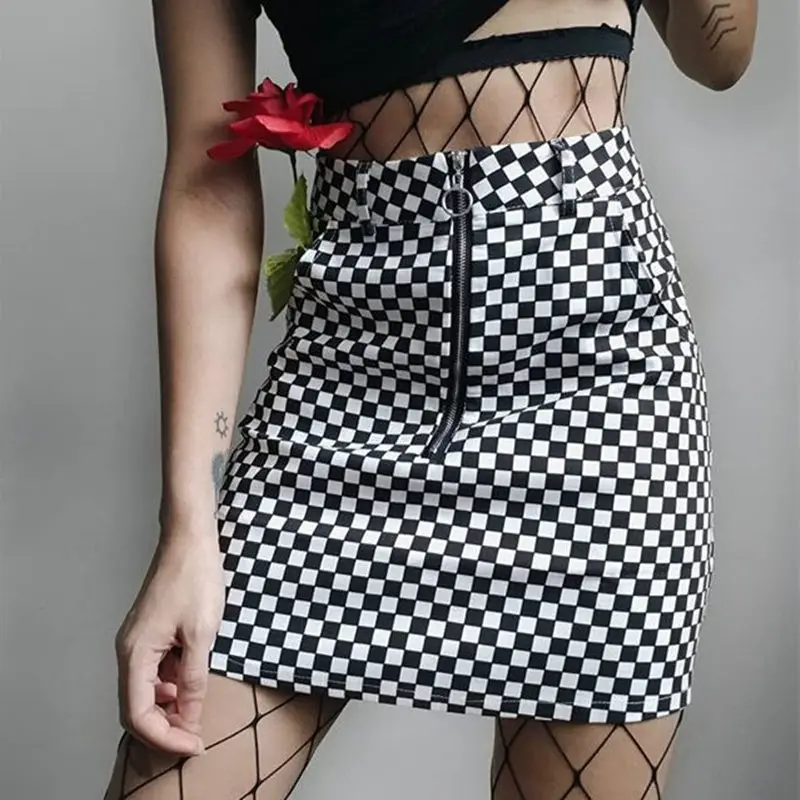 Mini saia vintage de zíper, saia harajuku de verão slim para mulheres, preto e branco, com xadrez e linha a, 2018