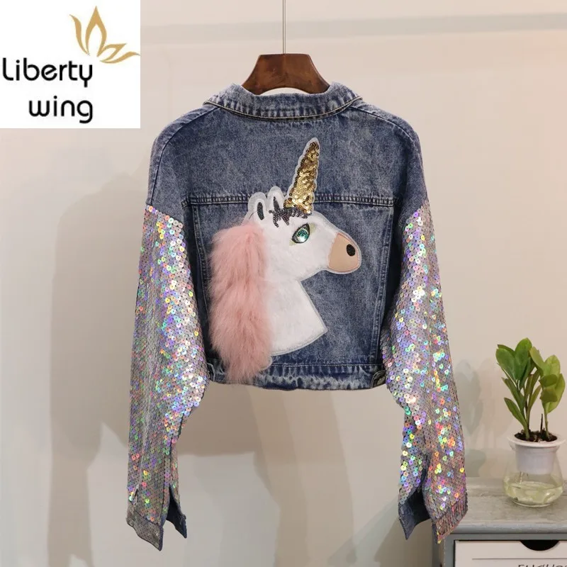 

Spring New Sequins Patch Designs Jean Jacket Women Fashion Brand Turn-down Collar Loose Fit Batwing Sleeve Denim Coat Girls