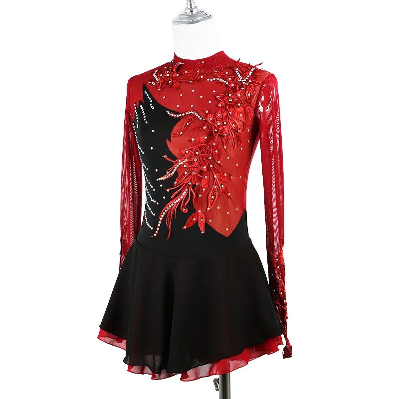 Black Wine Red Figure Skating Dress Cheongsam Ice Figure Skating Skirt Beautiful Skating Skirt Stereo Lace Flower Girl/Woman