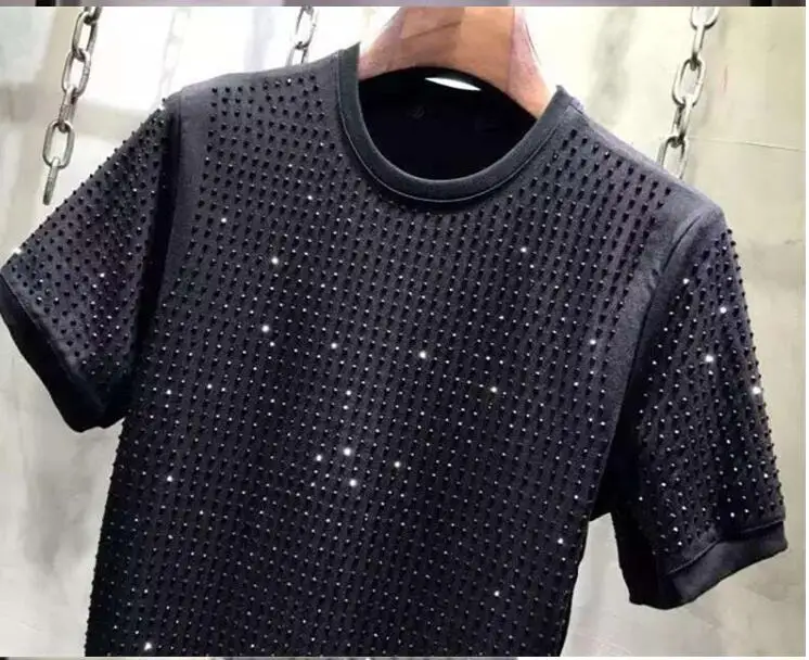S-5XL Rhinestones Graphic T-shirt Streetwear men\'s short sleeve top quality man heavy industry Anime