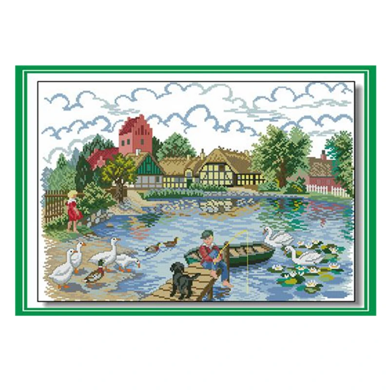 

Набор для вышивки крестиком пейзаж пасторальный боковой пруд 11CT Печатный китайский материал ручной работы для вышивки пакет домашний декор живопись