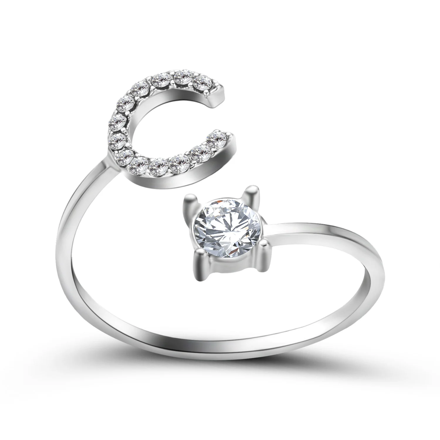 Kreative A-Z Alphabet 26 Brief Ringe Personlity Initial Name Offene Ringe Silber Farbe Strass Finger Ring Partei Schmuck Geschenk – Detail 4