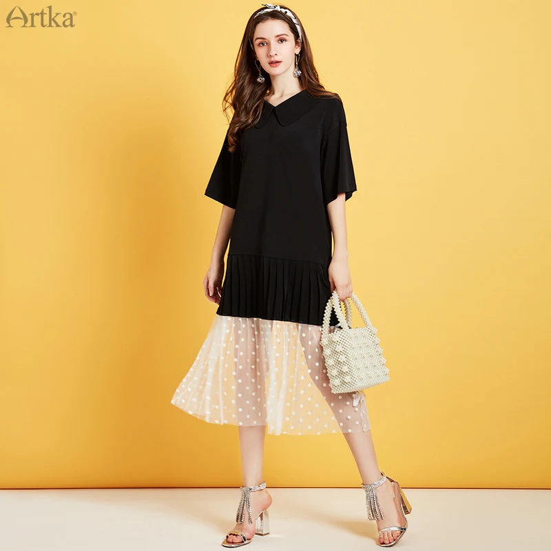 

ARTKA 2020 Spring Summer New Women Dress Fashion Casual Loose Dress Mesh Patchwork Dresses Short Sleeve T-Shirt Dress ZA25005X