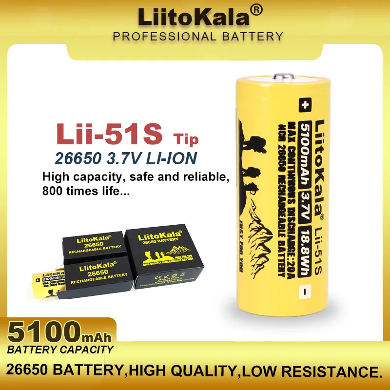 LiitoKala LII-51S 26650 20A 3.7V Power Rechargeable Lithium Battery 26650A 5100mA Suitable For Flashlight (NO PCB)