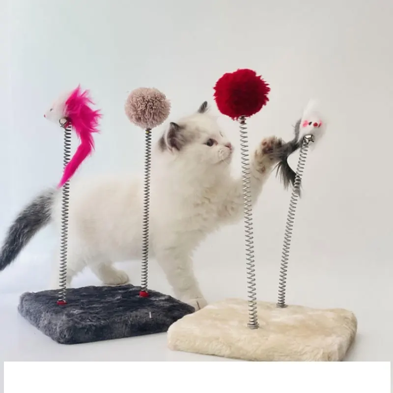 New Design Cat Furry Feather Spring Bounce Board Toy Mouse cat Toy Plate Play Pet Kitten Scratch Furball with Heavy Base