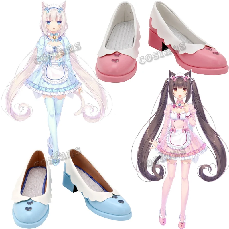 Nekopara Chocolat Vanilla Shoes Women Long Ponytails Wig Cosplay Costume NEKOPARA Cosplay Chocola Maid Dress Costume Neko Hairs