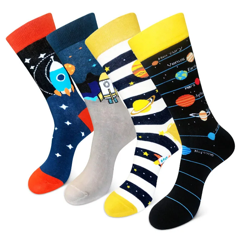 

Large Novelty Happy Socks Cotton Long Creative Astronaut Planet Spaceship Rocket Alien Pattern Personalized Trendy Men's Sock