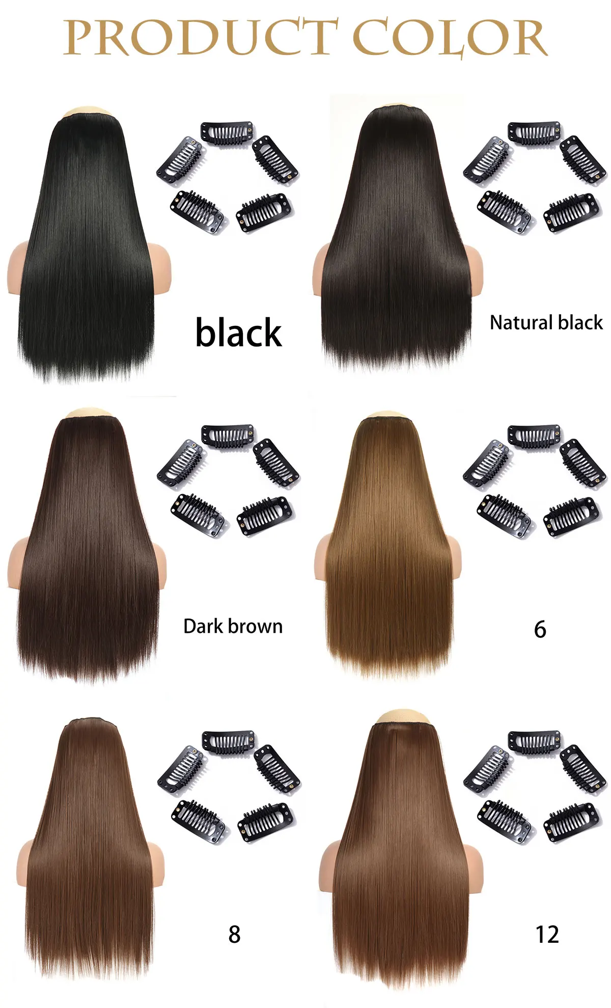 Synthetische lange gerade Clip-in-Haarverlängerung, einteilig, 5 Clips, falsches blondes Haar, braun, schwarz, hitzebeständig, Kunsthaar – Detail 5