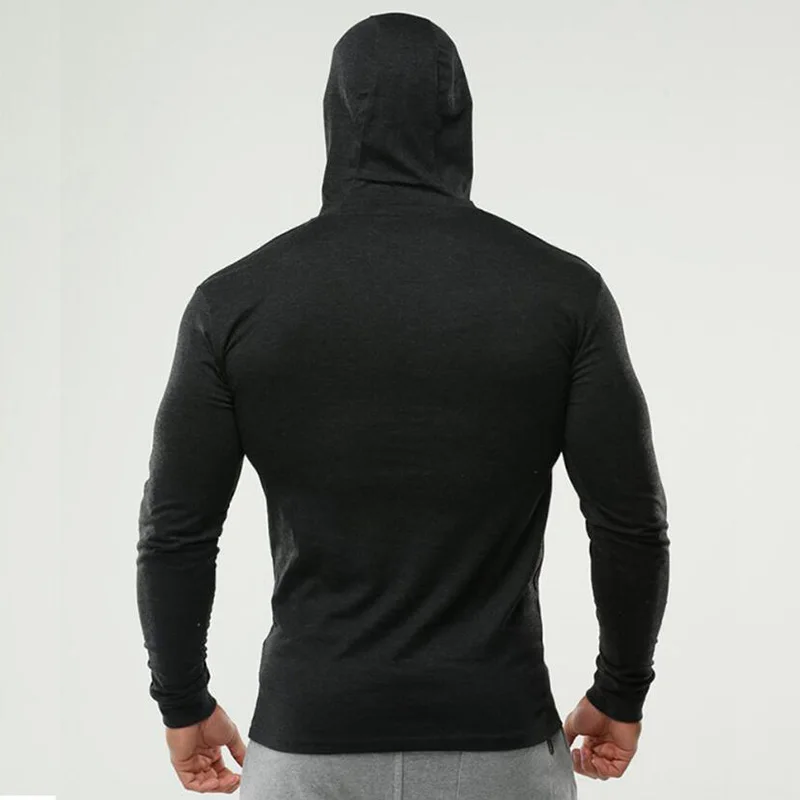 Camiseta transpirable con capucha para hombre, ropa de entrenamiento, gimnasio, Fitness, manga larga, ajustada, para correr