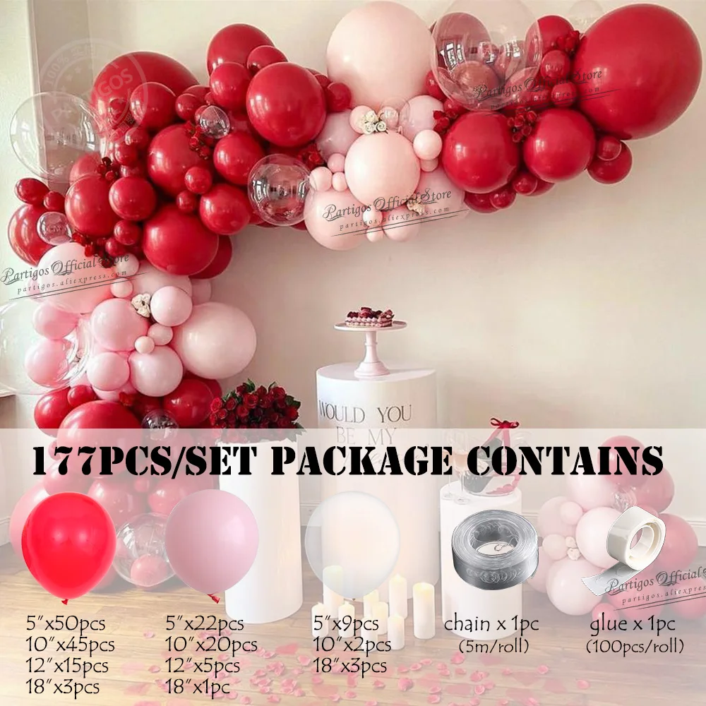 177Pcs Matte Pastel Pink Ruby Red Balloon Garland Kit Set Transparent Bubble Globos Valentine Wedding Balloons Home Party Decors