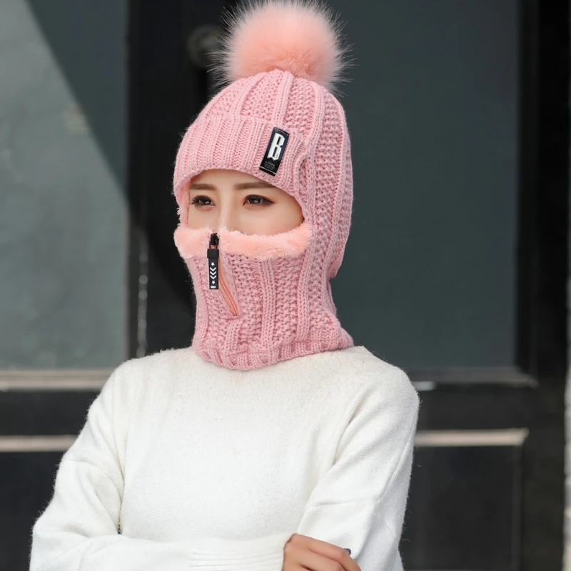 Set Syal Wajah Penghangat Leher Topi Rajut Musim Dingin 2-In-1 Ritsleting Beanie Rajut