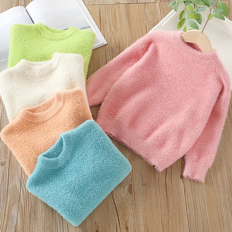 2021 Autumn Winter Warm 2-10 Years 90-140cm O-Neck Knitted Candy Color Slim All Match Thickening Sweaters For Baby Kids Girls