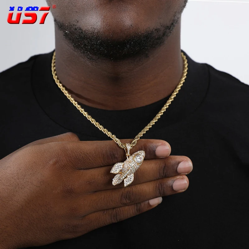 

US7 Bling Iced Out Rockets Pendants Necklaces For Men Women Cubic Zirconia With Tennis Chain Hip Hop Jewelry Gifts