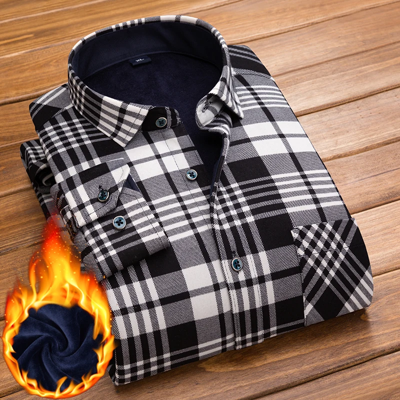 Men Shirt Long Sleeve Warm Fleece Plaid Autumn Winter Flannel Thick Dress  Tuxedo Formal Shirt Fashion Casual Slim Fit Pocket - AliExpress 200000343