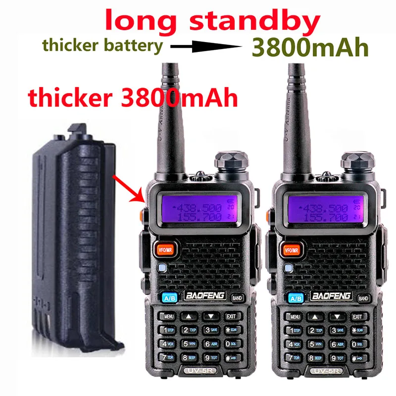 2 pcs walkie-talkie uv5r baofeng 3800 MAH battery for uv-5r boafeng Hiking walky talky professional 2 way radio cb amateur radio