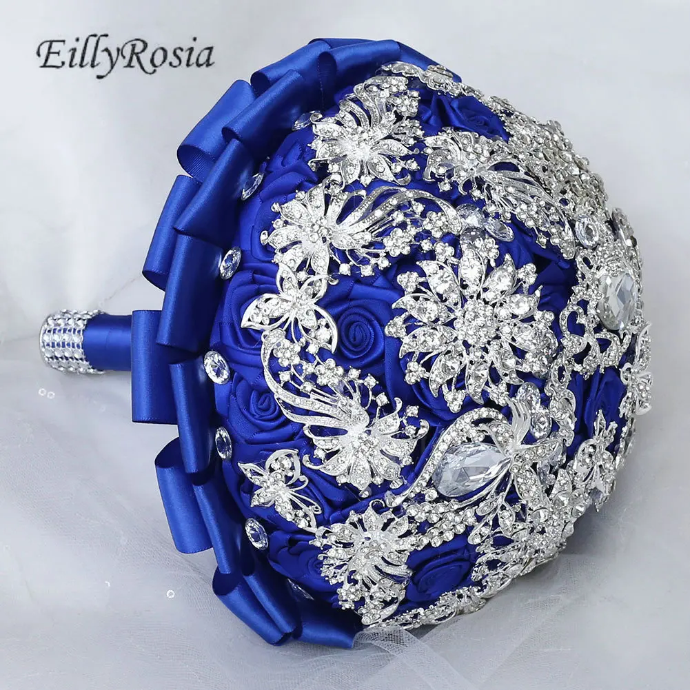 EillyRosia Royal Blue Buket Pengantin Bros Perhiasan Satin Sutra Bunga Warna Disesuaikan Buket Pernikahan Elegan untuk Pengiring Pengantin