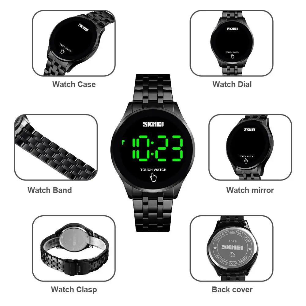 SKMEI Touch Screen Watch Men Brand Luxury Fashion Business Stainless Steel Digit Watches Male Waterproof LED Display Wrist Watch