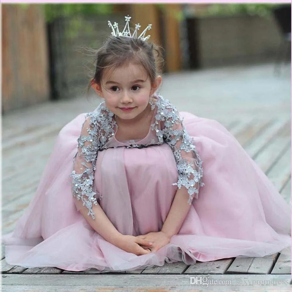 Vestidos de primera comunión para niña, vestidos de flores con apliques, manga de tres cuartos, cuello redondo, corte en A, vestidos de desfile para boda Che