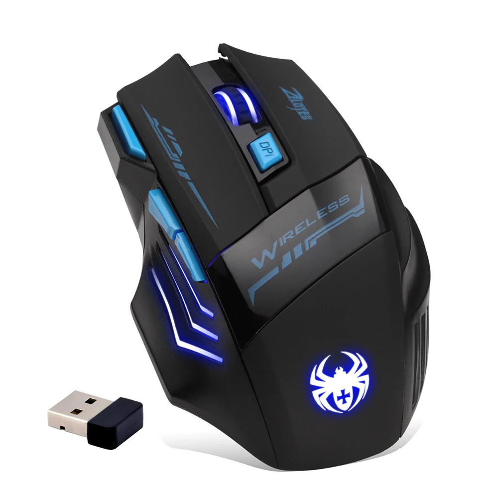 

Zelotes F14 2.4G Wireless Gaming Mouse 7 Button 2400DPI Computer USB Optical Ergonomic Mice Blue Light Black for PC Laptop F-14