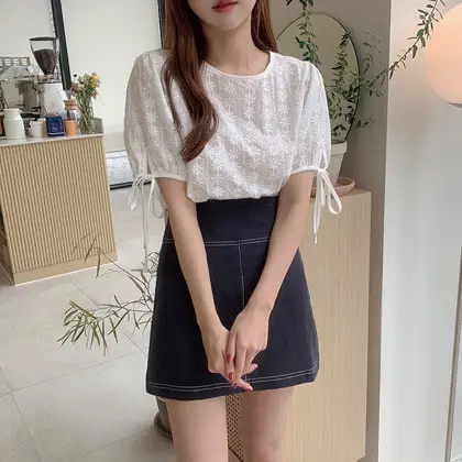 

embroidery new Girls Summer blouse women suit shirt short sleeves Tops high waist A Line skirts two piece suits Sell separately