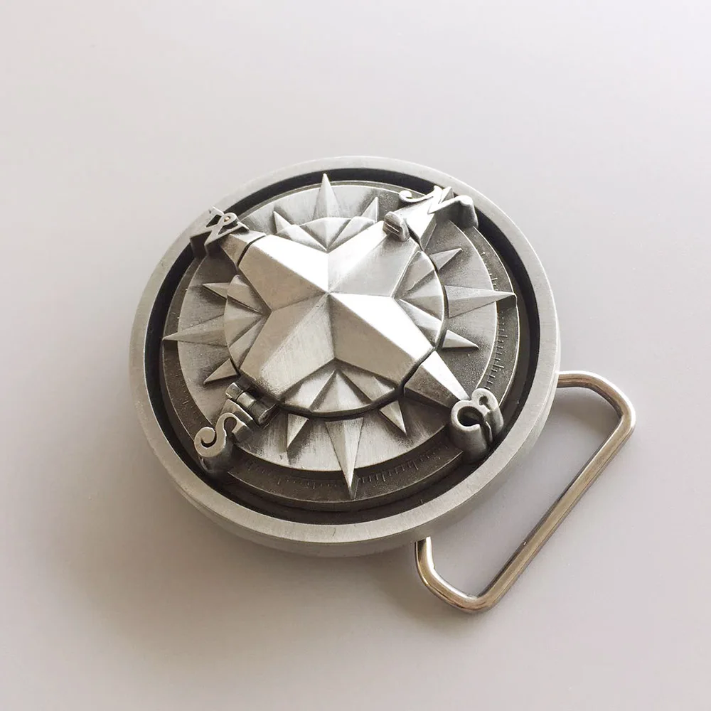 Hebilla de cinturón redonda con brújula 3D de plata antigua también disponible en EE. UU.