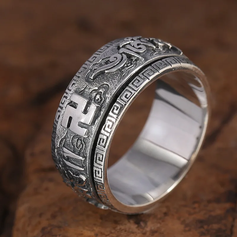 BOCAI New 100% Sold s925 Silver Swastika Six-character Mantra Turning a Good Fortune Man Ring Meaning Peace and Auspiciousness