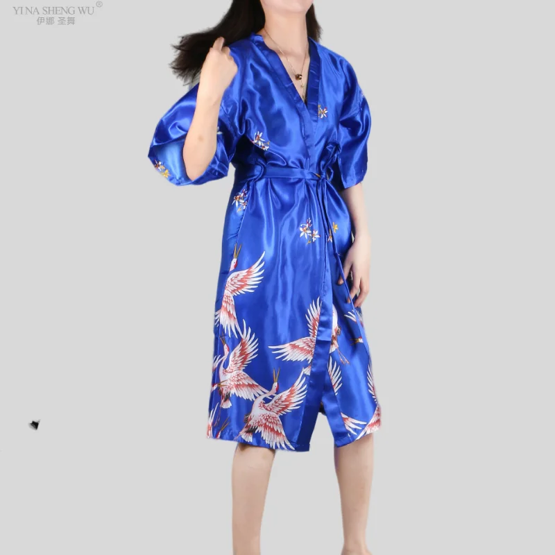 Japanese Style Long Style Loose Peacock Women Half Sleeve Yukata Dress Pajamas Cranes Kimono New Women Chinese Night Gown Robe