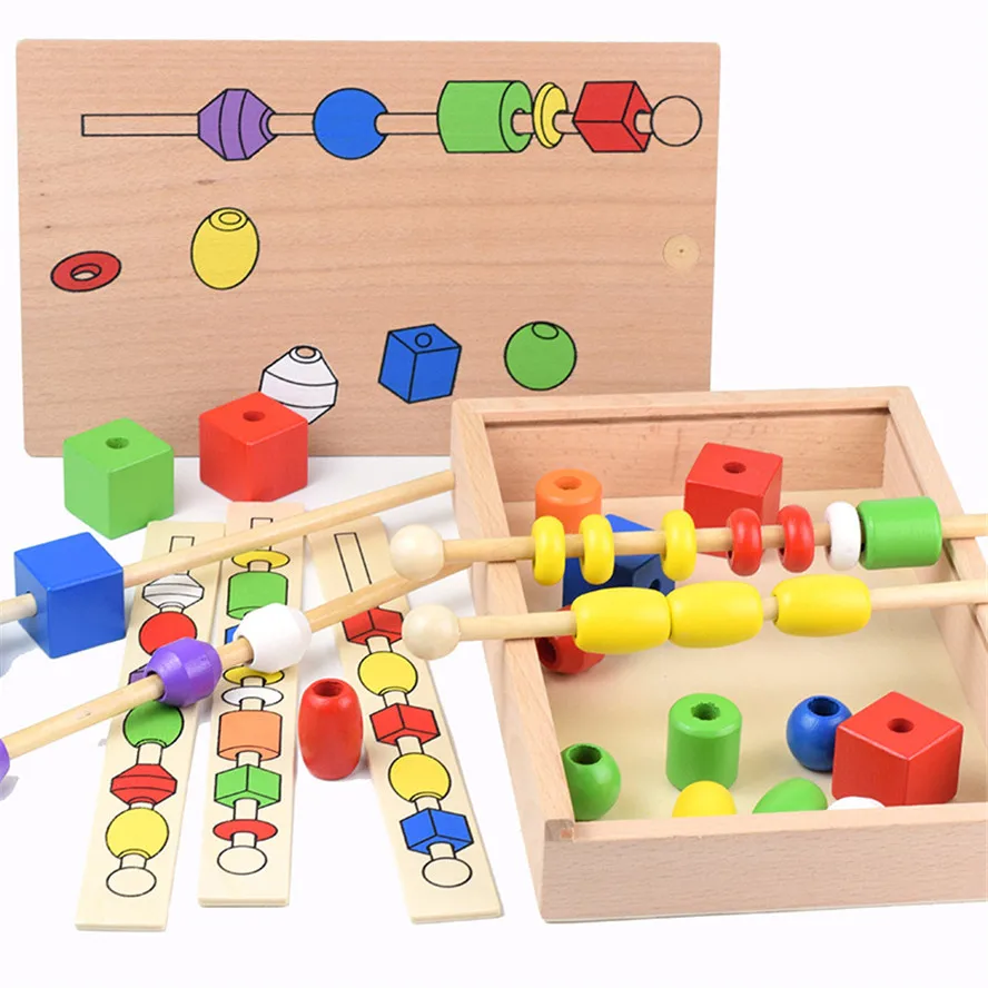 ไม้วัสดุ Montessori เกมสําหรับเด็กเด็กลูกปัด Sequencing ชุดรูปร่างที่มีสีสัน Stick ประดับด้วยลูกปัดประดับด้วยลูกปัดบล็อกของเล่นคลาสสิก