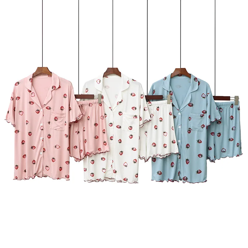 The New Modal Fresh Lovely Wood Ear Ladies Pajamas Strawberry Print Loose Short-Sleeved Shorts Lapel Cardigan Suit Summer