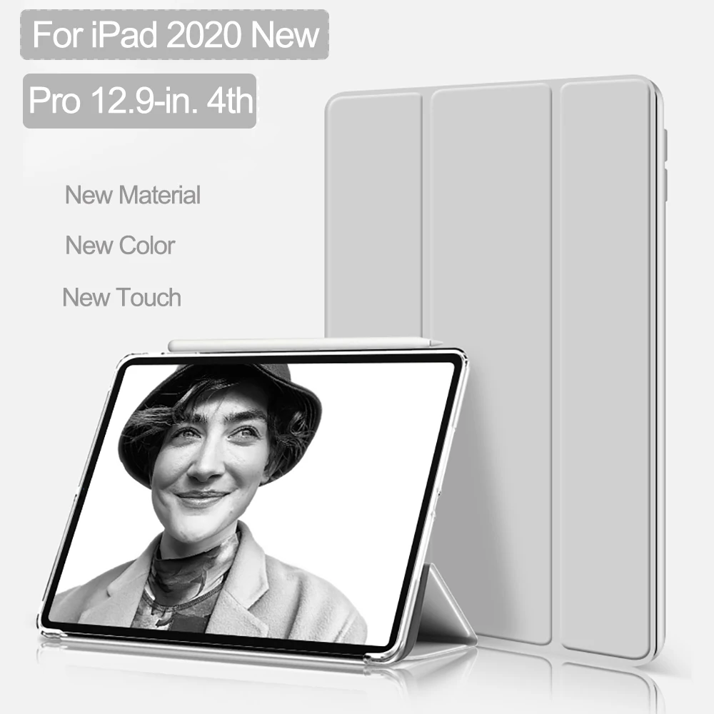 Smart Case For iPad Pro 12.9 inch PU Case 4th Gen 2020 New A2229 with Awake Fast charge Face ID Matte Transparent PVC back Cover