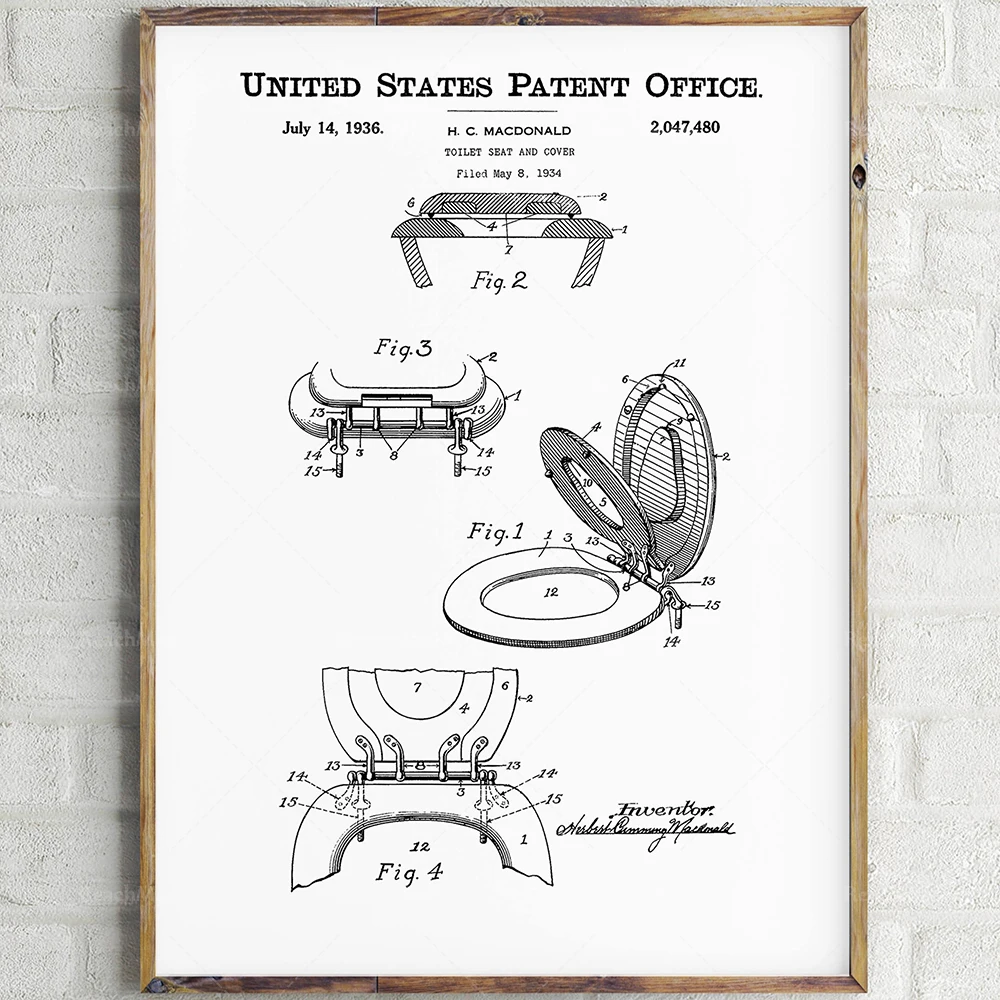 Siège de toilette et impression de brevet de couverture. Affiche d’art patent. Décor de salle de bains. Plan de toilette. Patent