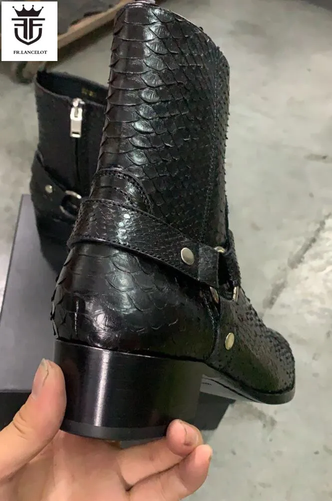 2021 brand new men real  boa snake leather boots point toe ankle booties male party shoes zip side belt men boots