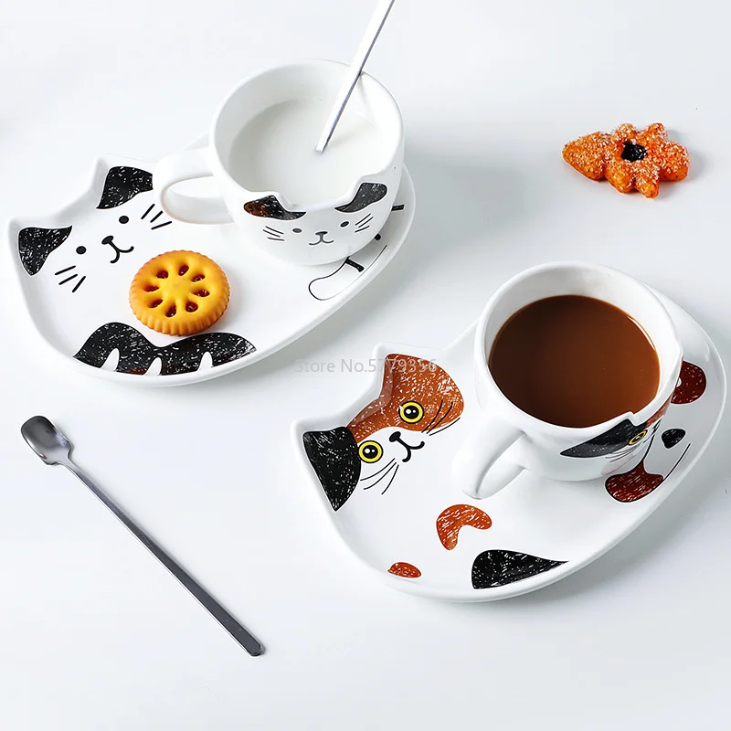 Cute Cat Ceramics Coffee Mug Set Handgrip Animal Mugs with Tray Creative Drinkware Coffee Tea Cups Novelty Milk Cup Breakfast