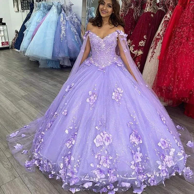 Appliques Ball Gown Puffy Quinceanera Dresses lilac lavender lace-up Corset Back Vestido 15 Anos Festa Graduation Party Gowns