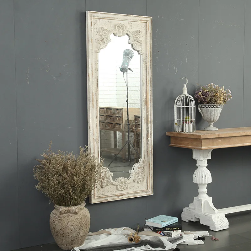 American Carved Retro Old White Wall Hanging Mirror Homestay Living Room Bedroom Decoration   Simple Creative 