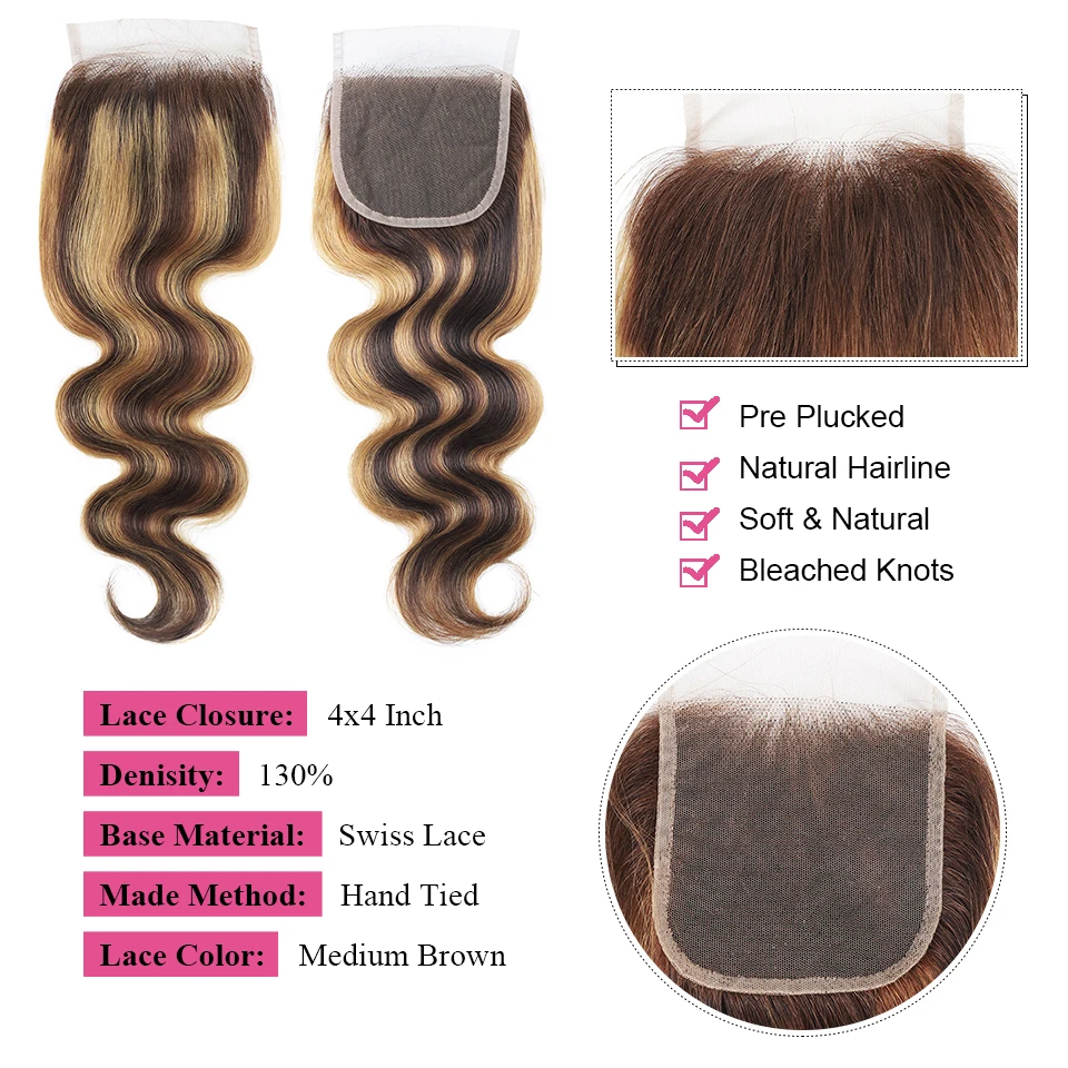 Meetu Highlight Bundles With Closure Brazilian Hair Weave Bundles With Lace Closure Honey Blonde Body Wave Bundles With Closure