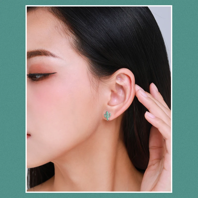 Modian 100% 925 Sterling Silver Plant Green Crystal Cactus Fashion Girls Stud Earrings For Women Clear Cubic Zircon Fine Jewelry