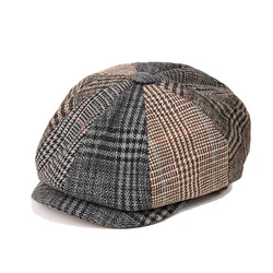 New Plaid Newsboy Caps Men Fashion Wool Stitching Flat Cap Autumn Winter Men Woman Vintage Painter Octagonal Hats BLM118