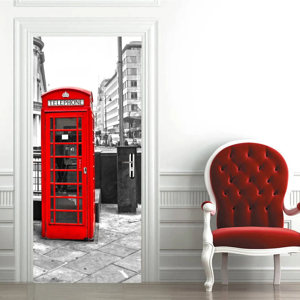 Gray Red World Door Stickers PVC London Street Adhesive Wallpaper Decals Waterproof Mural For Living Room Decoration Home Decor