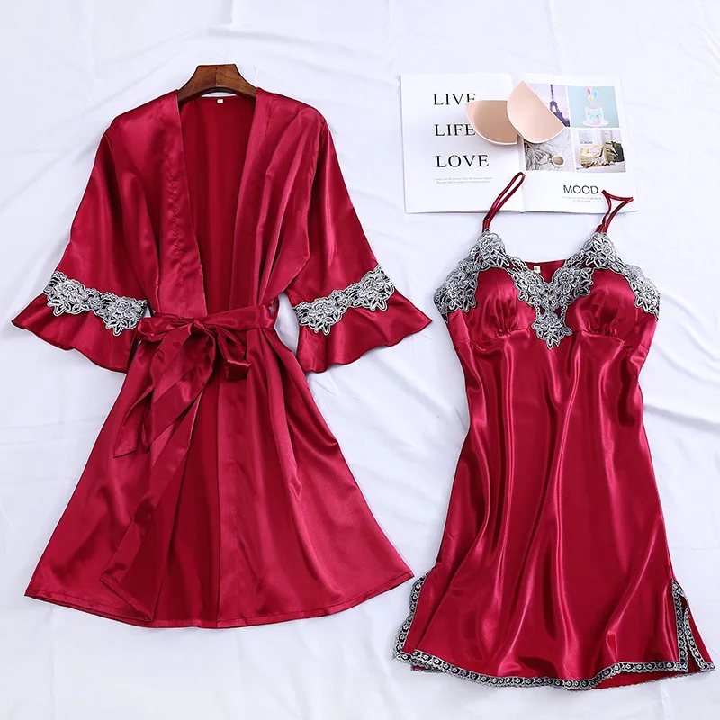 Oversize Lady 4PCS Robe Set Kimono Gown Satin Nightdress Sleepwear Lace Patchwork Nightgown Homewear Sexy Intimate Lingerie