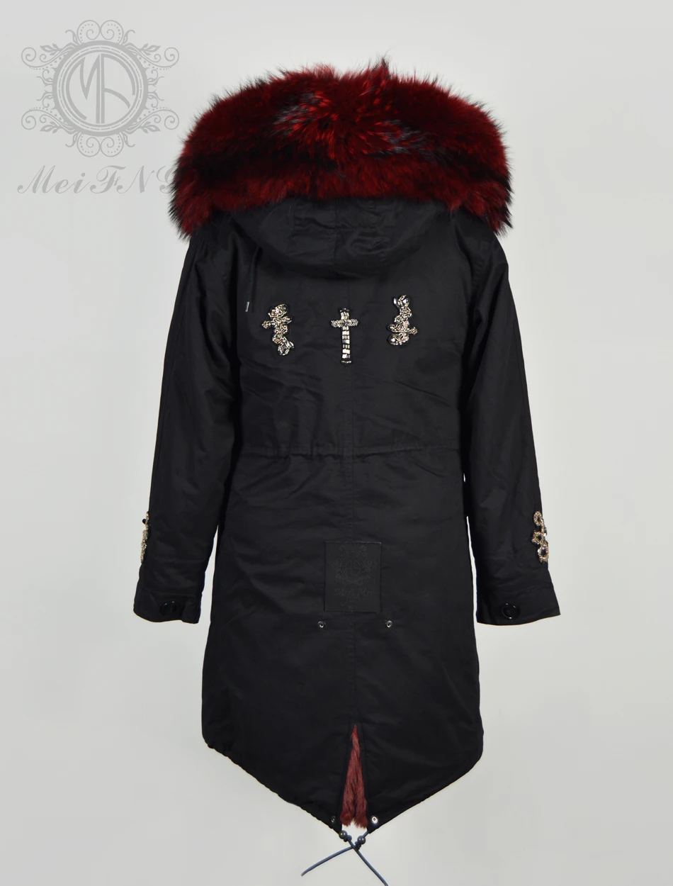 Bead Black Parka With Fur Long Winter Women Wine Red Faux Fur Coat Raccoon Fur Trim